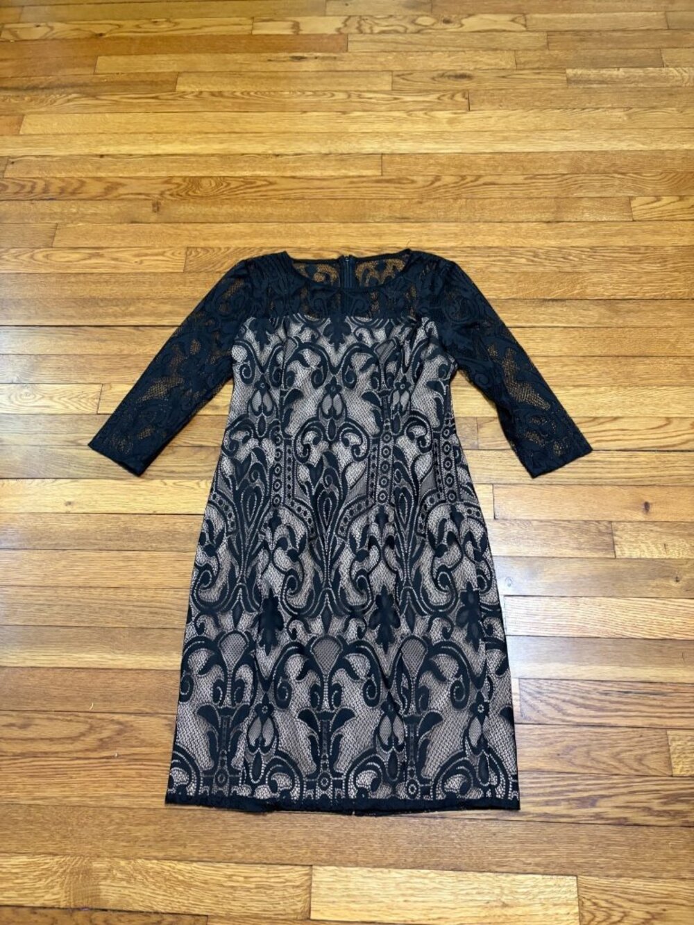 Adrianna Papell Womens Dress Sz 8p 8 Petite Black Lacey Overlay 3/4 Sleeve